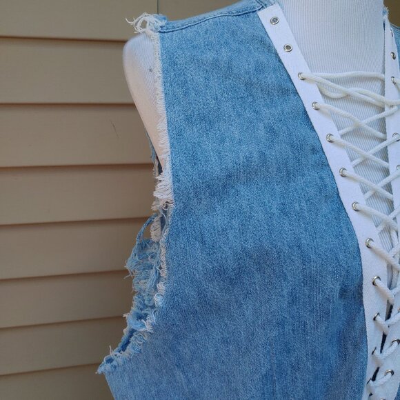 Furst of a Kind LF Blue Denim Distressed Top Lace-Up V-Neck Sleeveless Cotton - Picture 6 of 11